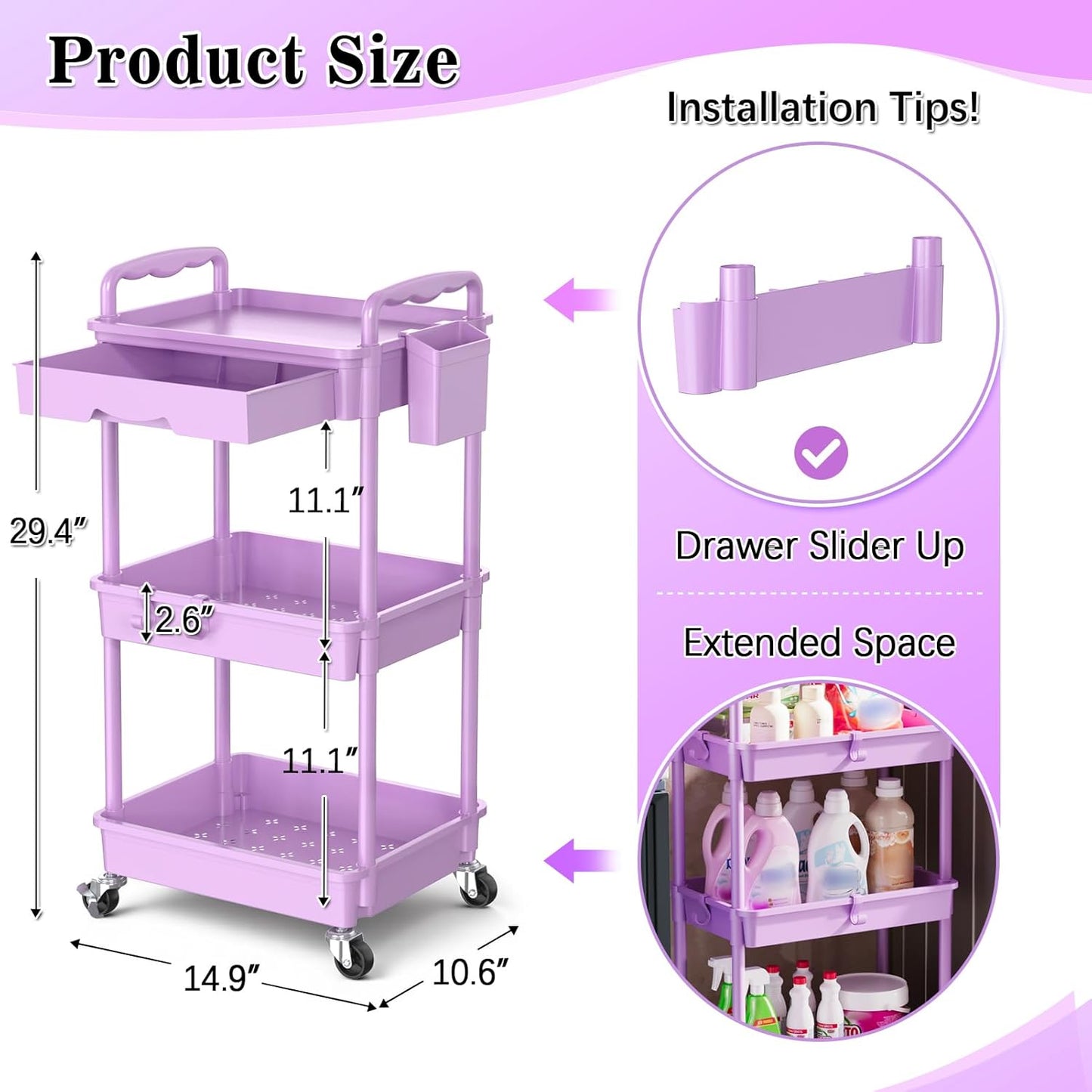SUNALLY 3 Tier Rolling Cart with Drawer, Bathroom Storage Organizer with 2 Lockable Wheels, Multifunctional Rolling Storage Cart for Bathroom, Kitchen, Office, Craft, Makeup, Baby Essentials, White