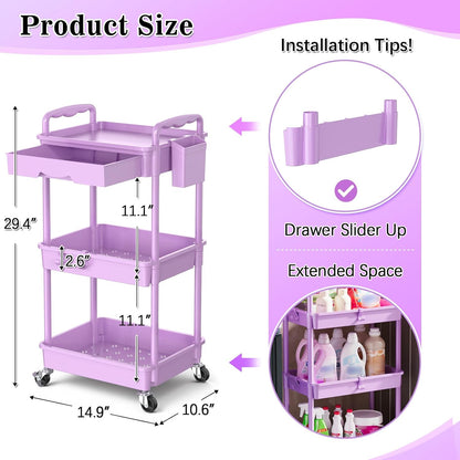 SUNALLY 3 Tier Rolling Cart with Drawer, Bathroom Storage Organizer with 2 Lockable Wheels, Multifunctional Rolling Storage Cart for Bathroom, Kitchen, Office, Craft, Makeup, Baby Essentials, White