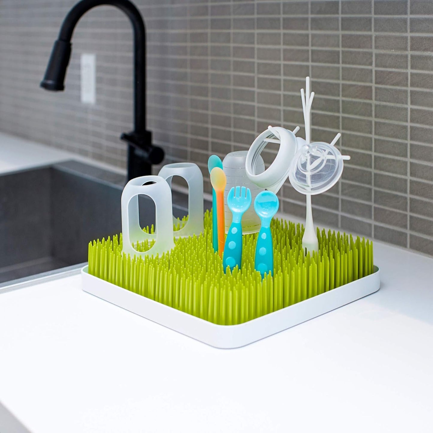 Boon Lawn Countertop Baby Bottle Drying Rack with Antimicrobial Tray - Baby Bottle Dryer and Organizer -Feeding Supplies - Gray - 13.5 x 11 x 2.5