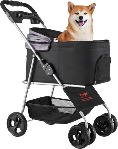 VEVOR Pet Stroller, 44 lbs Weight Capacity, Foldable Dog Cart, 4 Wheels Cats Stroller with Mesh Windows & Revrsible Handle, Portable Pet Carrier with Brake, for Small to Medium Pets