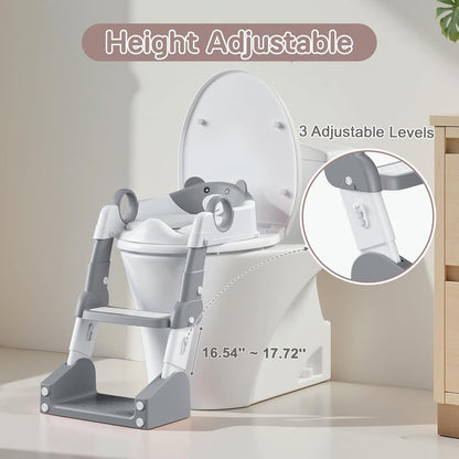 Potty Training Seat,Toddler Toilet Seat for Boys Girls,3-in-1 Potty Training Toilet and Chair with Step Stool Ladder,Anti-Slip Height Adjustable Foldable Splash Guard for Kids (Grey)