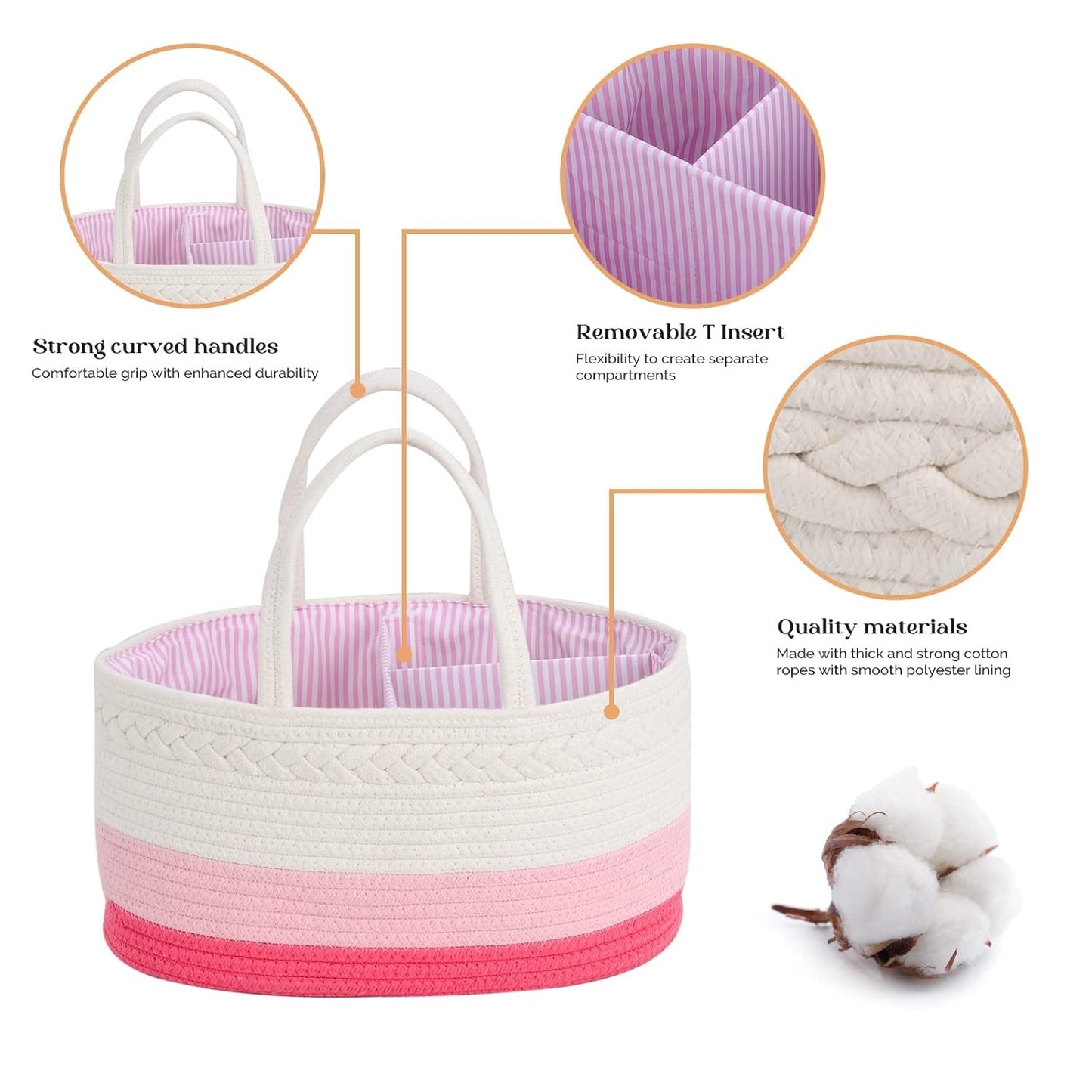 luxury little Diaper Caddy Organizer, Large Cotton Rope Nursery Baby Basket, Changing Table Organizer for Baby Diaper Storage, Portable Car Organizer Removable Divider (Off White, Large)