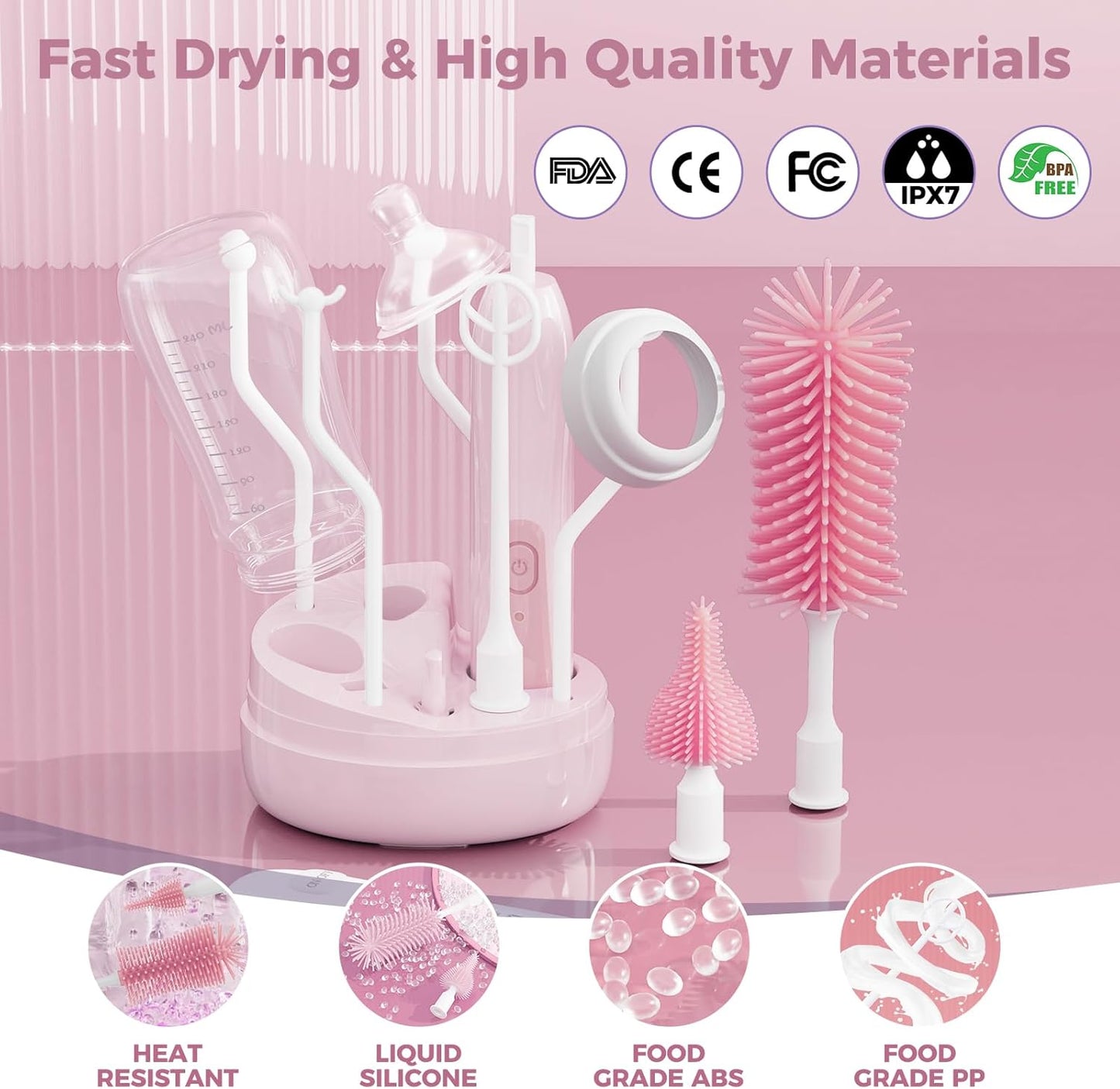 Electric Bottle Brush Cleaner,Rechargable Electric Baby Bottle Brush Cleaner with Thermometer,Silicone Bottle/Nipple/Straw Brush,Drying Rack,Travel Bottle Cleaner Kit for New Moms (Pink)