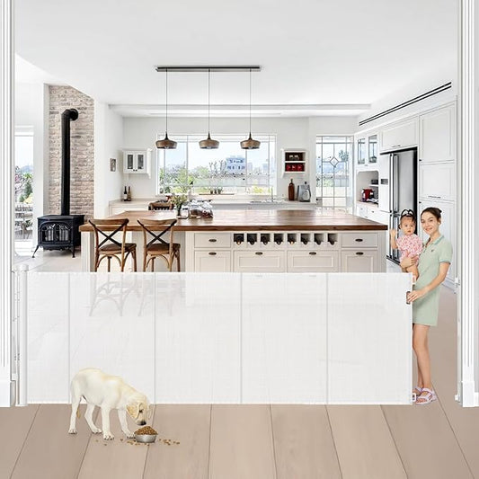 Reinforced 42” Tall x 100” Extra Wide Retractable Baby Gate for Large Openings Tall Baby Gates for Dogs Pet Gate with Rods to Prevent Crawling Through, Extra Wide Mesh Dog Gate, White