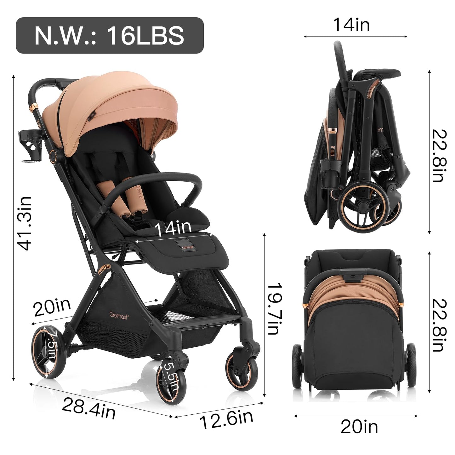 Gromast Gravity Folding Baby Stroller - Portable Travel Toddler Stroller w/Adjustable Backrest, Canopy & Cup Holder, Lightweight and UV Protected, One-Hand Automatic Folding - Green