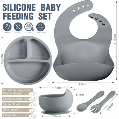 10 Pack Silicone Baby Feeding Set, Toddlers Led Weaning Feeding Supplies with Suction Baby Bowl Divided Plate Adjustable Bib Soft Silicone Spoon Fork, Infant Self Eating Utensil Set (Gray, Khaki)