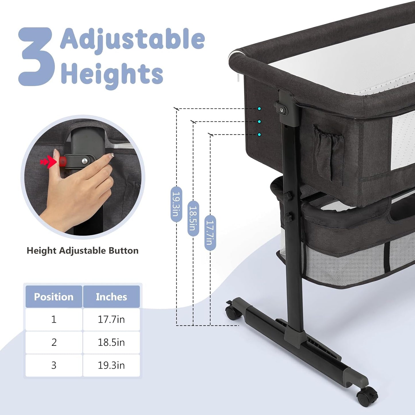 Semphis Baby Bassinet, 3 in 1 Bassinets Bedside Sleeper, Adjustable Height Bedside Sleeper with Rocking Mode, Breathable Mesh, Storage Basket, Wheels, Easy Assemble & Folding (Gray)