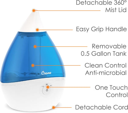 Crane Droplet Ultrasonic Small Air Humidifiers for Bedroom and Office, 0.5 Gallon Cool Mist Humidifier for Plants and Home, Humidifier Filters Optional, White