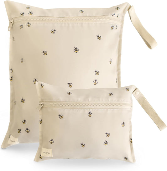 mushie Water Resistant Wet Bags | Large & Small Reusable Storage Bag for Baby Items and Travel | Zippered Pockets with Handle | Machine Washable, Set of 2 (Pastel Blooms)