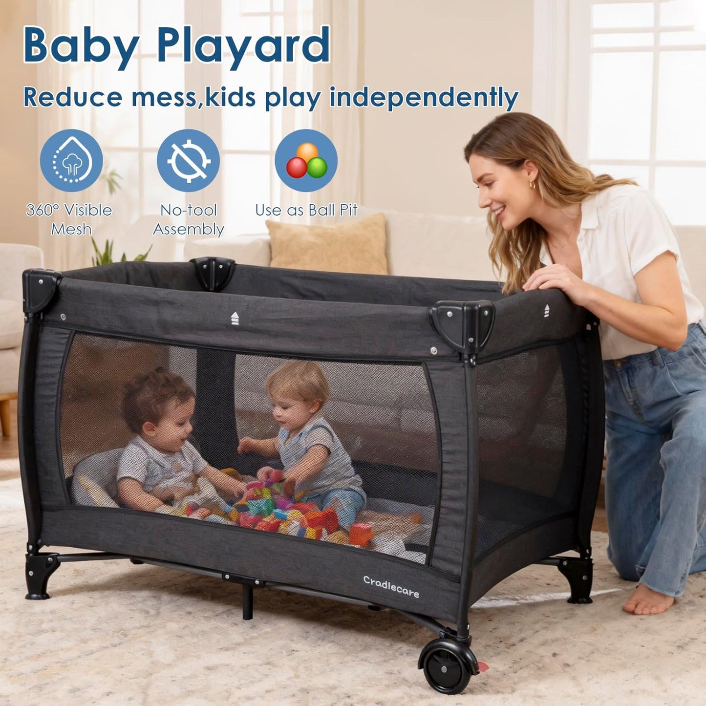 3 in 1 Pack and Play, Baby Bassinet, Changing Tabler - Portable Baby Playpen for Babies and Toddlers, Foldable Playard with Locking Wheels & Storage Diaper Basket(Black)