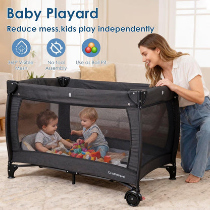 3 in 1 Pack and Play, Baby Bassinet, Changing Tabler - Portable Baby Playpen for Babies and Toddlers, Foldable Playard with Locking Wheels & Storage Diaper Basket(Black)