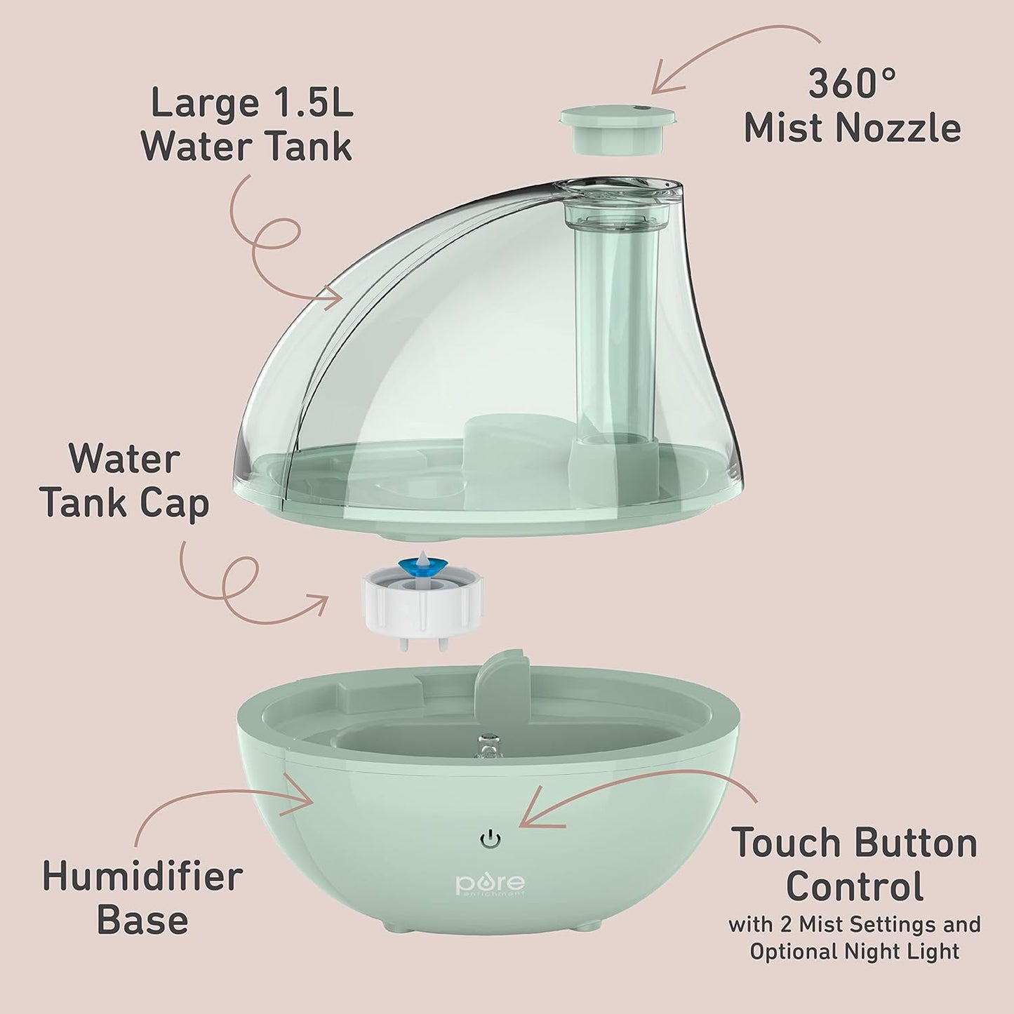 Pure Enrichment MistAire Silver Ultrasonic Cool Mist Humidifier for Bedroom, Office, Nursery & Indoor Plants - Lasts Up to 25 Hours, Whisper-Quiet Operation, Optional Night Light, & Auto Shut-Off
