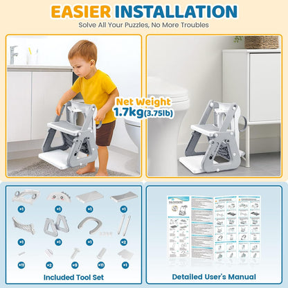 Potty Training Seat with Step Stool, 2-IN-1 Toddler Potty Training Toilet for Kid Boys Girls, Adjustable Toilet Seat for Toilet with ladder, Splash Guard, Anti-Slip Pad and Safety Handle, Gray