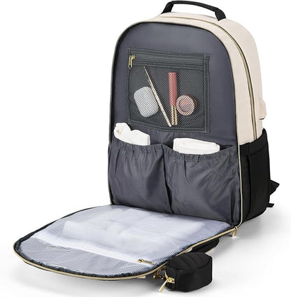 MOMUVO Diaper Bag Backpack, Quilted Baby Bag with Changing Pad & Stroller Straps & Pacifier Case, Multifunction Waterproof Travel Diaper Bags, Unisex, Black Beige