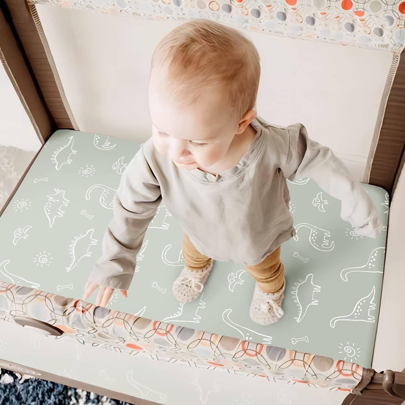 GRSSDER Stretch Ultra Soft Jersey Knit Fitted Pack n Play Playard Sheets Set 2 Pack，Fits Portable/Mini Cribs Sheets, Playards Mattress Pads, Stylish Watercolor Animals for Baby, Mint Green