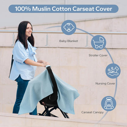 SERAPHY 2-in-1 Muslin Baby Car Seat Cover & Nursing Cover, Soft Lightweight Breastfeeding Cover for Boys and Girls,Breathable Canopy for Infant Carseat & Stroller for Summer—Blueberrie