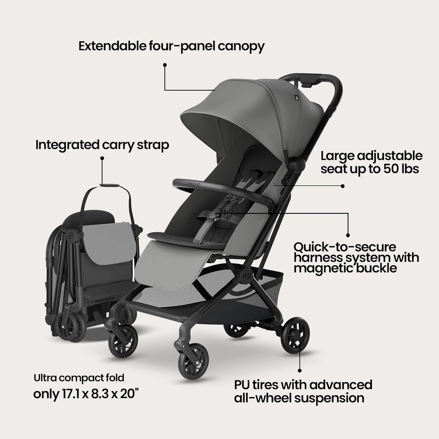 Mompush Velo Lightweight Travel Stroller, Compact & Airplane-Friendly for Baby and Toddler, Lie-Flat Seat, One-Hand Fold, with Leather Bumper Bar, Shoulder Strap, Raincover, Storage Bag & Cup Holder