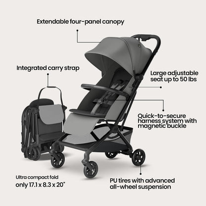 Mompush Velo Lightweight Travel Stroller, Compact & Airplane-Friendly for Baby and Toddler, Lie-Flat Seat, One-Hand Fold, with Leather Bumper Bar, Shoulder Strap, Raincover, Storage Bag & Cup Holder