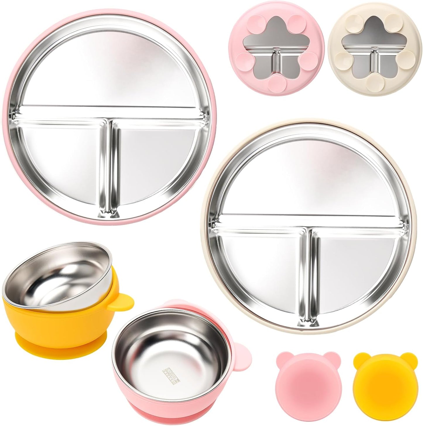 MISSLILI Stainless Steel Baby Plate and Bowls with Suction, Divided Kids Baby Plate and Toddler Bowl with Removable Silicone Suction, Non-Slip Baby Feeding Set Dishwasher Safe，4 Packs