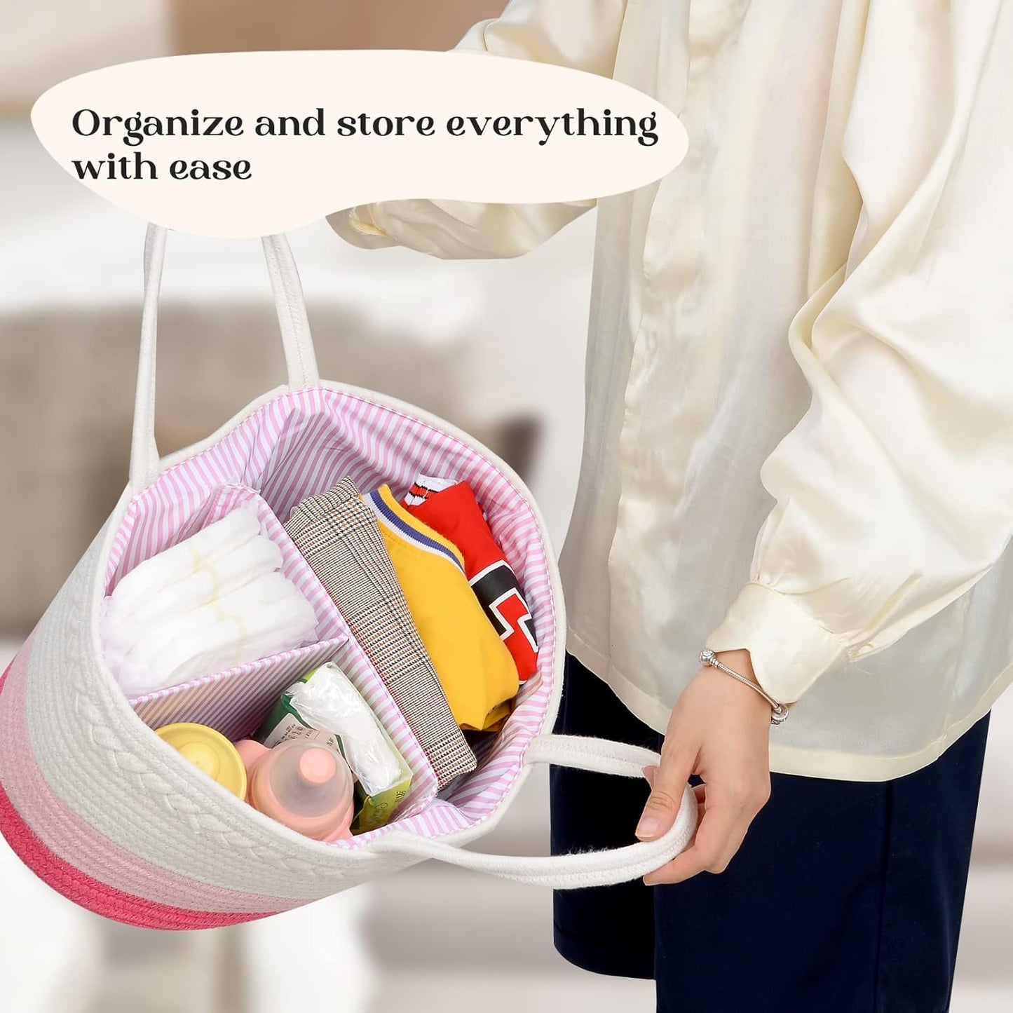 luxury little Diaper Caddy Organizer, Large Cotton Rope Nursery Baby Basket, Changing Table Organizer for Baby Diaper Storage, Portable Car Organizer Removable Divider (Off White, Large)