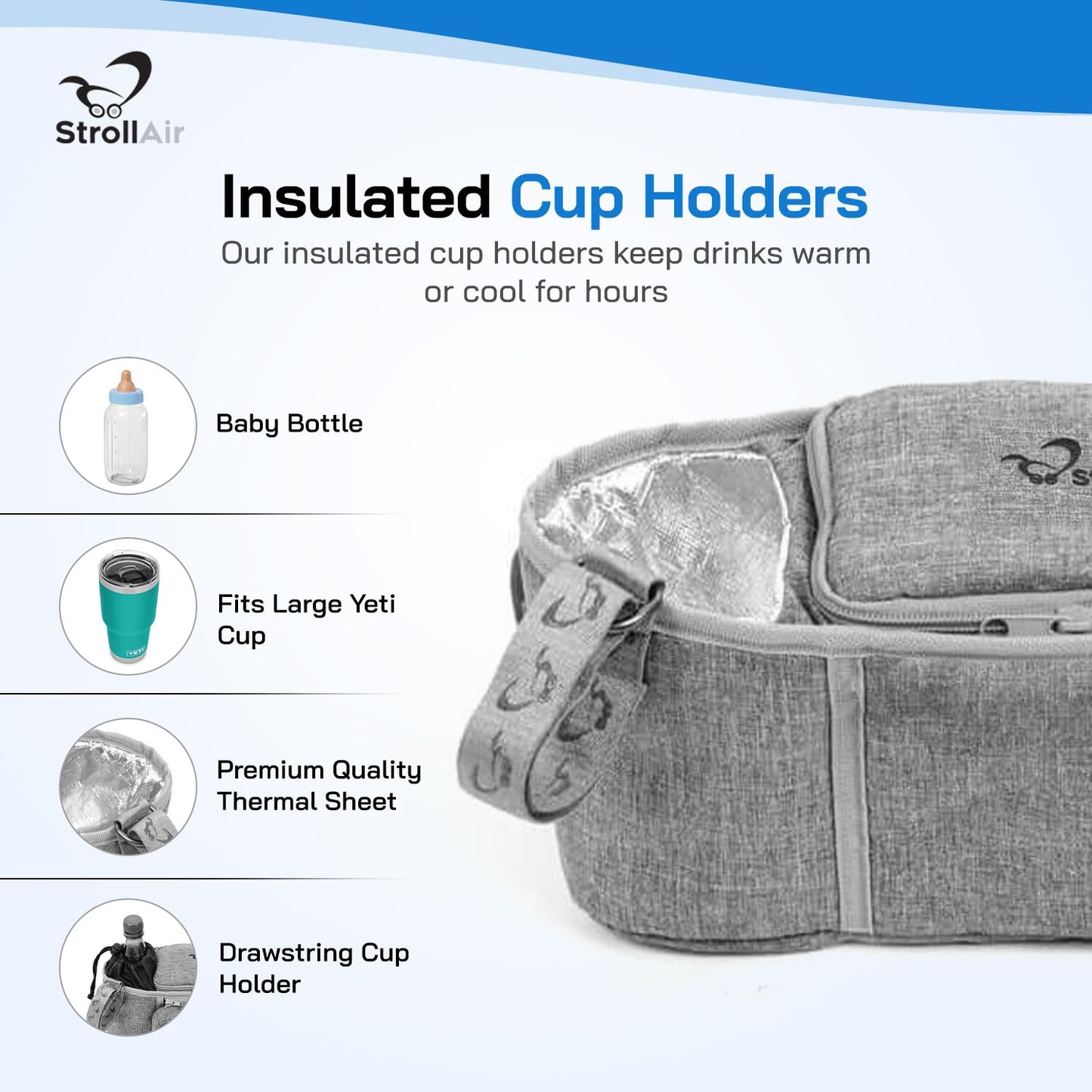 StrollAir - Universal Best Double Parent Stroller Organizer Caddy Insulated Cup Holder Console side-by-side Mountain Buggy TWIN WAY Bob Duallie Baby Jogger City Mini GT – Black