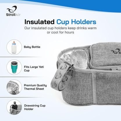 StrollAir - Universal Best Double Parent Stroller Organizer Caddy Insulated Cup Holder Console side-by-side Mountain Buggy TWIN WAY Bob Duallie Baby Jogger City Mini GT – Black
