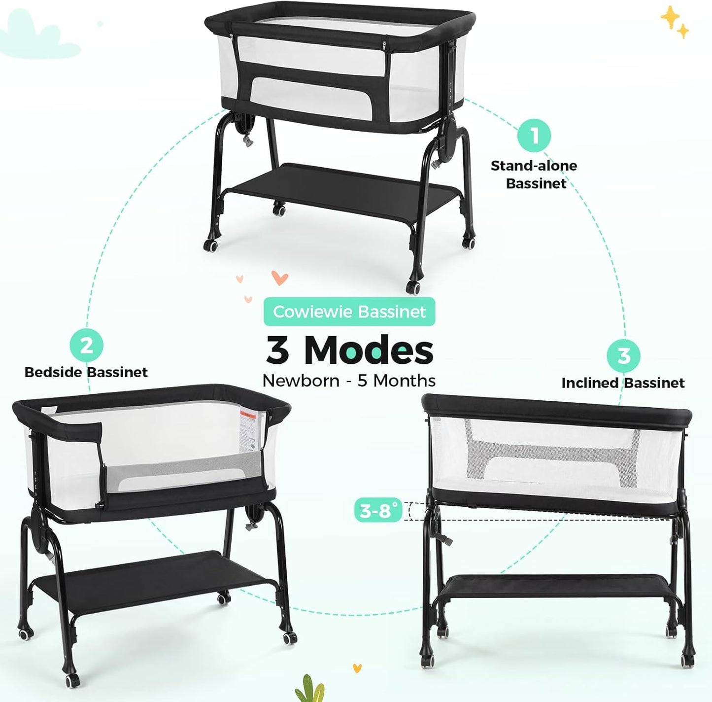 Cowiewie Bassinet Bedside Sleeper, Breathable Baby Bedside Bassinet and Mattress, Lightweight and Portable for Bedside Sleeping, Light Grey