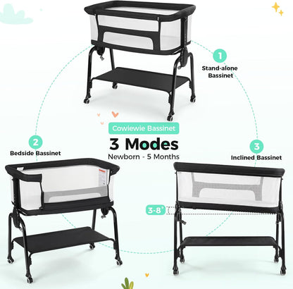 Cowiewie Bassinet Bedside Sleeper, Breathable Baby Bedside Bassinet and Mattress, Lightweight and Portable for Bedside Sleeping, Light Grey