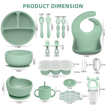 16 Pack Silicone Baby Feeding Set, BPA-Free Baby LED Weaning Supplies, Include Suction Plates, Baby Bowls, Silicone Fork & Spoon, and More, First Stage Baby Food Eating Utensils - 6+ Months(Blue, 16)