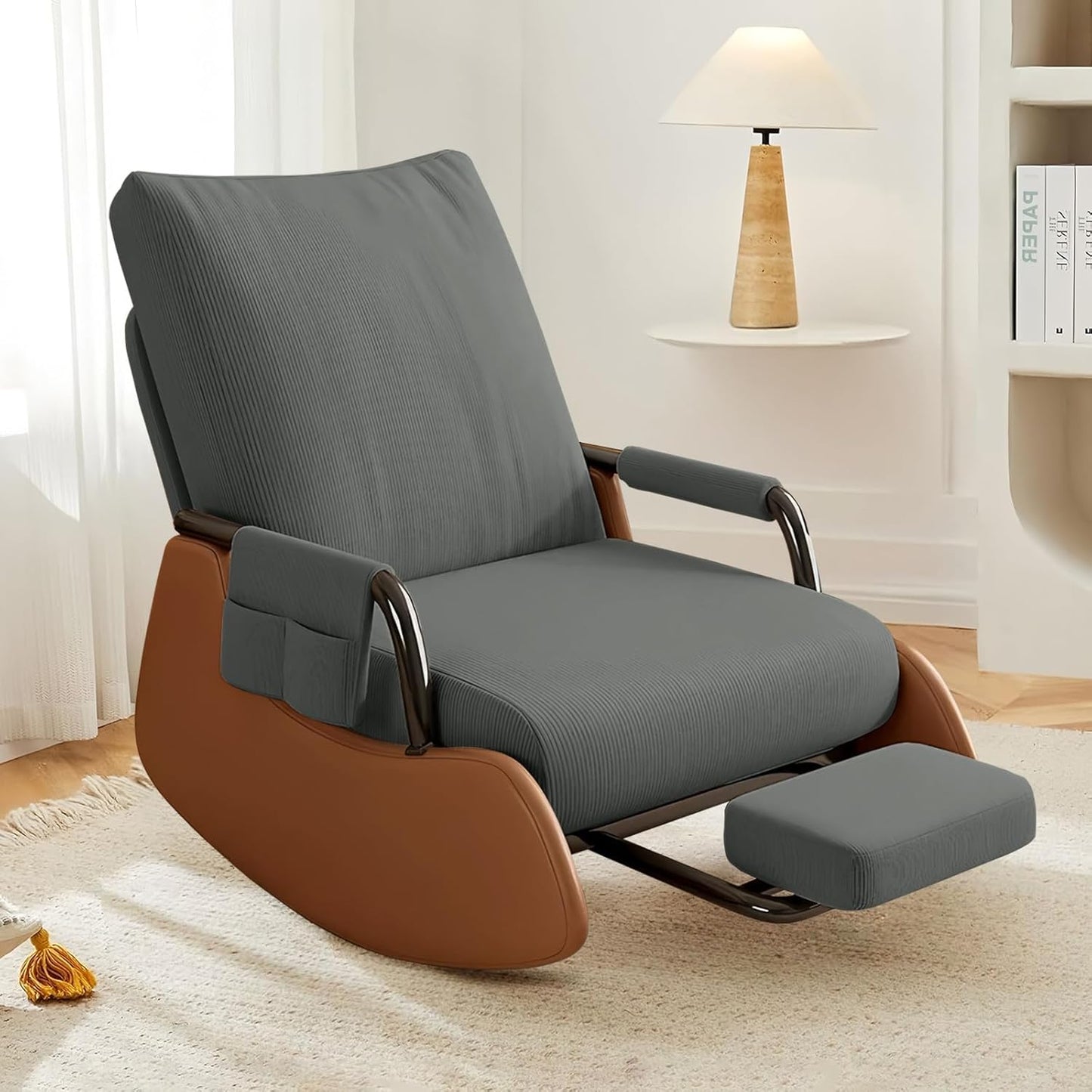 JPBSTO Rocking Chair Nursery, Upholstered Glider Rocking Chair with Side Pocket and Adjustable High Backrest, Comfortable Rocker Recliner with Footrest Perfect for Living Room Bedroom, Beige