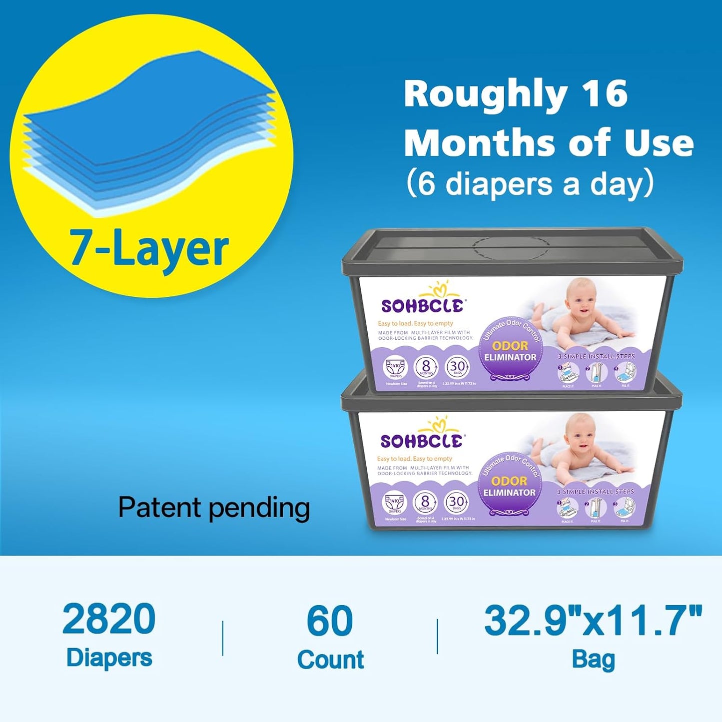 Refills Compatible with Genie Easy Roll Signature Diaper Pail and Platinum Diaper Pail, Upgraded 120 Bags Hold up to 5600 Newborn Diapers, Extra Thickness Powerful Odor Control