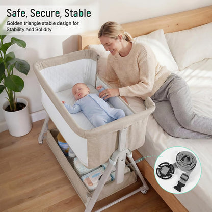 Cowiewie Bassinet Bedside Sleeper,3-in-1 Baby Bassinet with Mattress & Wheels,Easy Folding Portable Bedside Bassinet for Baby with Storage & Travel Bag,Breathable Mesh,Stable & Secure,Beige