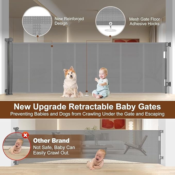 Miumoon 100 inch Retractable Baby Gates 34 inch Tall, Retractable Gate with Reinforced Strip Design to Prevent Crawling Through, 8 FT Extra Wide Retractable Dog Gate for Indoor/Outdoor