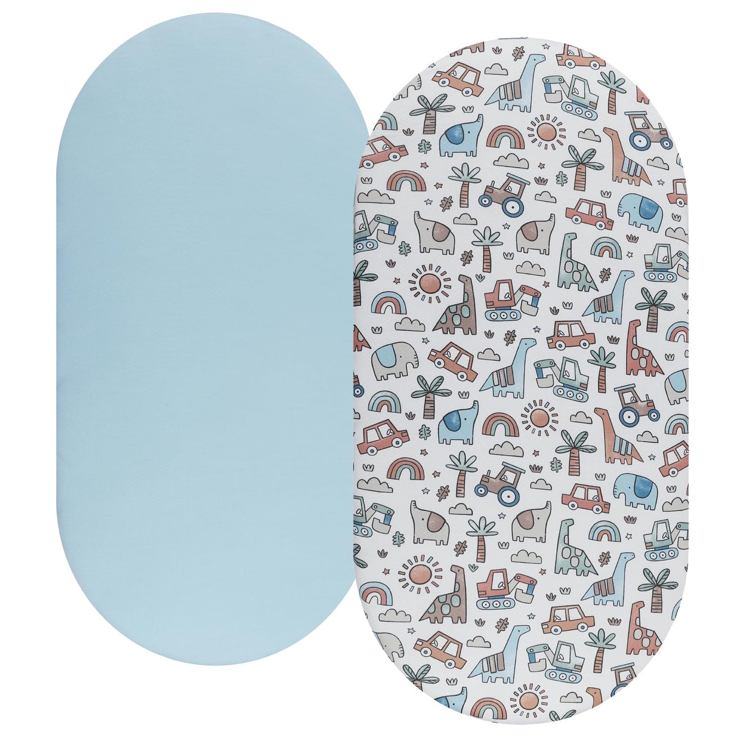 Bassinet Sheet Set 2 Pack Snug Fitted Bedside Sleeper Bassinet Sheets, Stretchy Ultra Soft, Unisex Boy Girl, Light Blue & Dinosaur