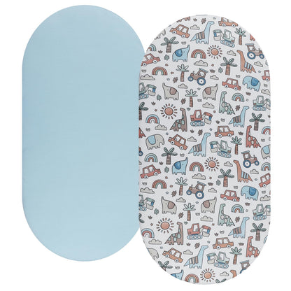 Bassinet Sheet Set 2 Pack Snug Fitted Bedside Sleeper Bassinet Sheets, Stretchy Ultra Soft, Unisex Boy Girl, Light Blue & Dinosaur