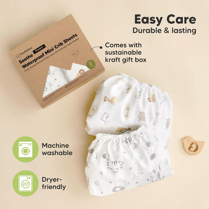 2 Pack and Play Sheets, Waterproof Mini Crib Sheets Fitted - 38x26 Organic Cotton Pack N Play Sheets for Graco Pack and Play Mattress, Playard Baby Crib Sheets,Neutral for Boy,Girl,Toddler(KeaSafari)