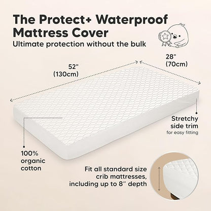 1-Pack Waterproof Crib Mattress Protector Cover Fitted - Quiet Baby Crib Mattress Pad Sheets, 52" x 28" Soft Quilted Cotton Baby Sheet, Machine Washable, Easy Fit, Durable (Soft White/Mavy)