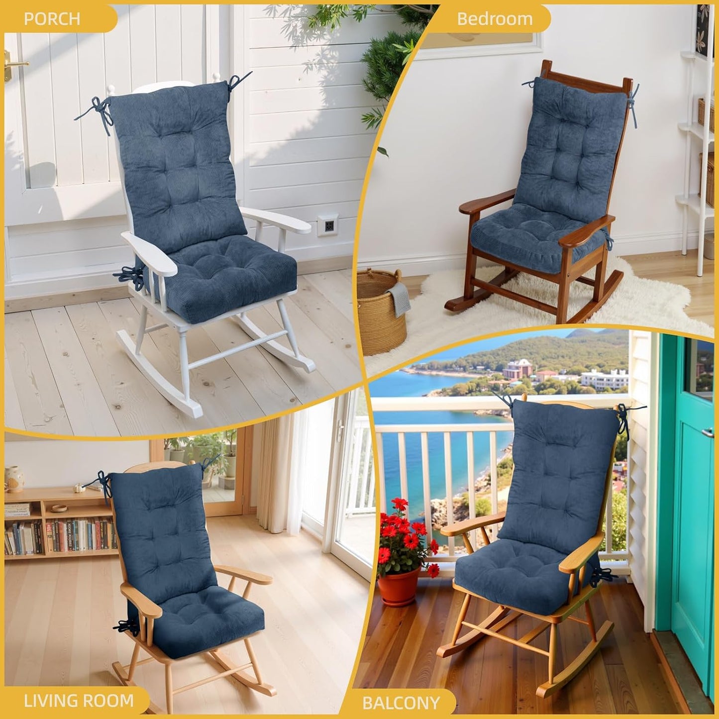 Millsilo Rocking Chair Cushions 3-Piece Set with Neck Pillow, Indoor Rocker Comfortable Tufted Non-Slip Pads with Ties, High-Density Foam Cushion for Adirondack Glider Chair, Orange, 52 x 19 x 4 Inch