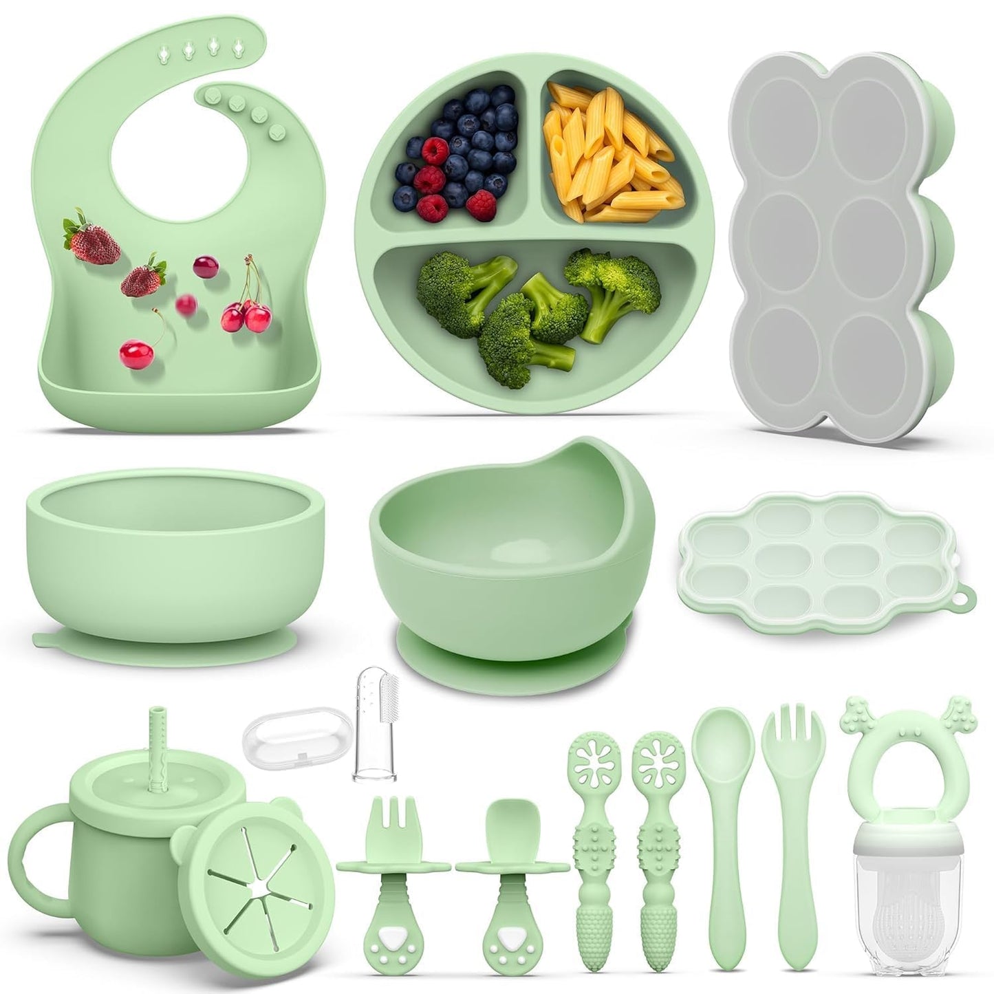 16 Pack Silicone Baby Feeding Set, BPA-Free Baby LED Weaning Supplies, Include Suction Plates, Baby Bowls, Silicone Fork & Spoon, and More, First Stage Baby Food Eating Utensils - 6+ Months(Blue, 16)