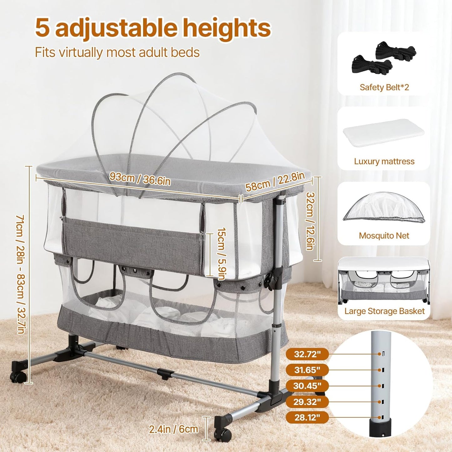 Bassinet Bedside Sleeper, 3-in-1 Baby Bedside Bassinet, 5 Height Adjustable Rocking Baby Crib, Breathable Full Mesh, Mosquito Net, Storage Basket, Stable and Secure Bassinets for Newborn Infant