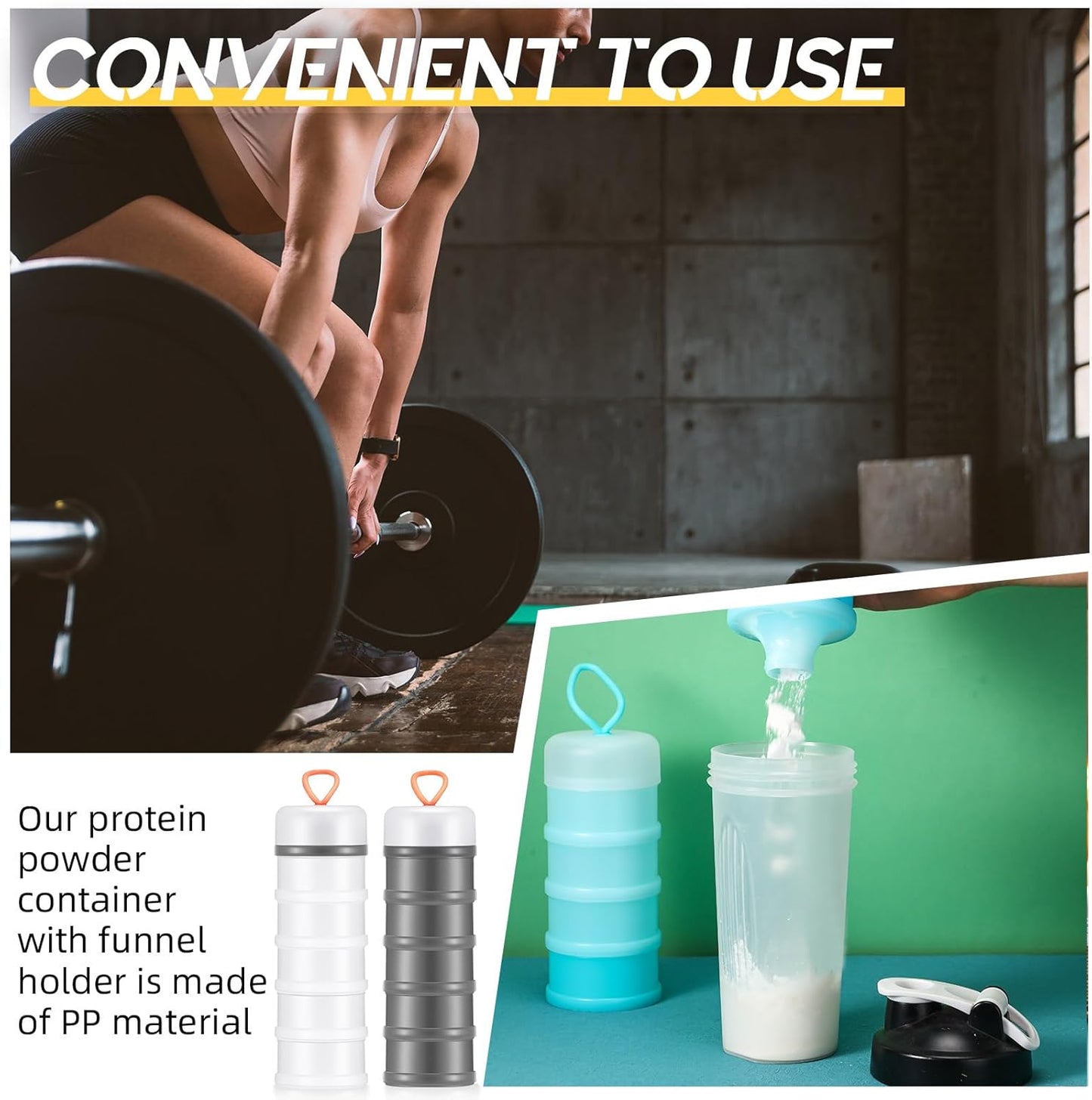 Baderke 4 Pcs Protein Powder Container 5 Layers Stackable Leakproof Container Powder Dispenser with Funnels Stand Keychain Flour Canister for Workout Fitness(Black, White, Blue, Pink)