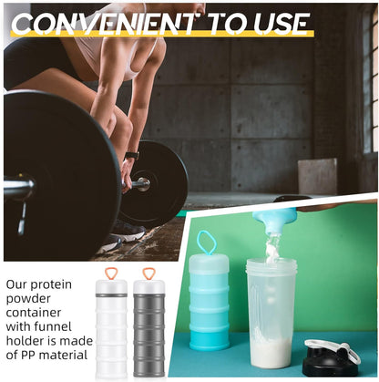 Baderke 4 Pcs Protein Powder Container 5 Layers Stackable Leakproof Container Powder Dispenser with Funnels Stand Keychain Flour Canister for Workout Fitness(Black, White, Blue, Pink)