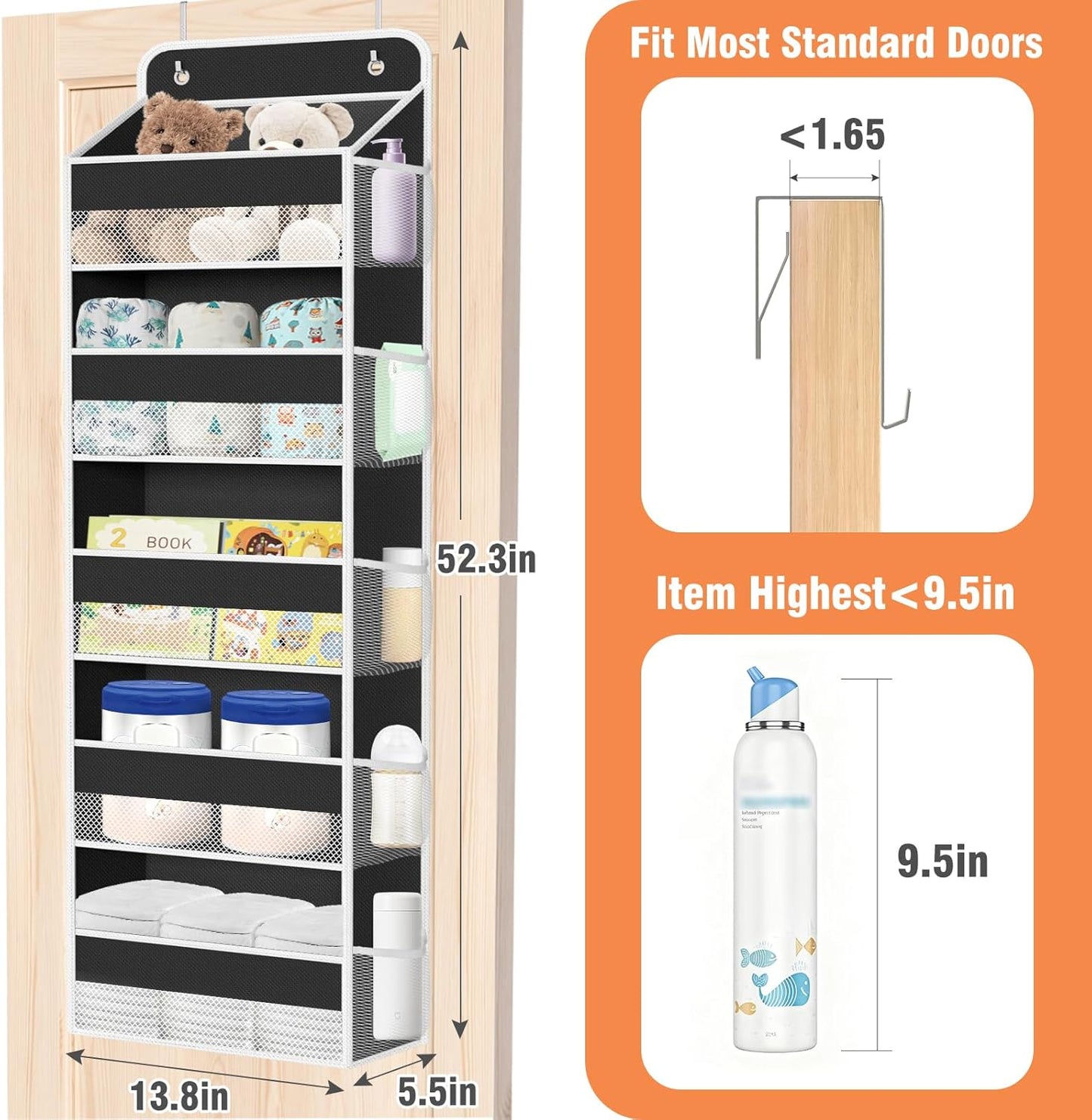 WISELIFE Over The Door Organizer Storage 4 Shelves Large Capacity Hanging Bedroom Storage Solution with 6 Side Pockets for Dorm Bathroom Pantry Nursery and Baby Essentials Holds up to 40 Lbs (Black)
