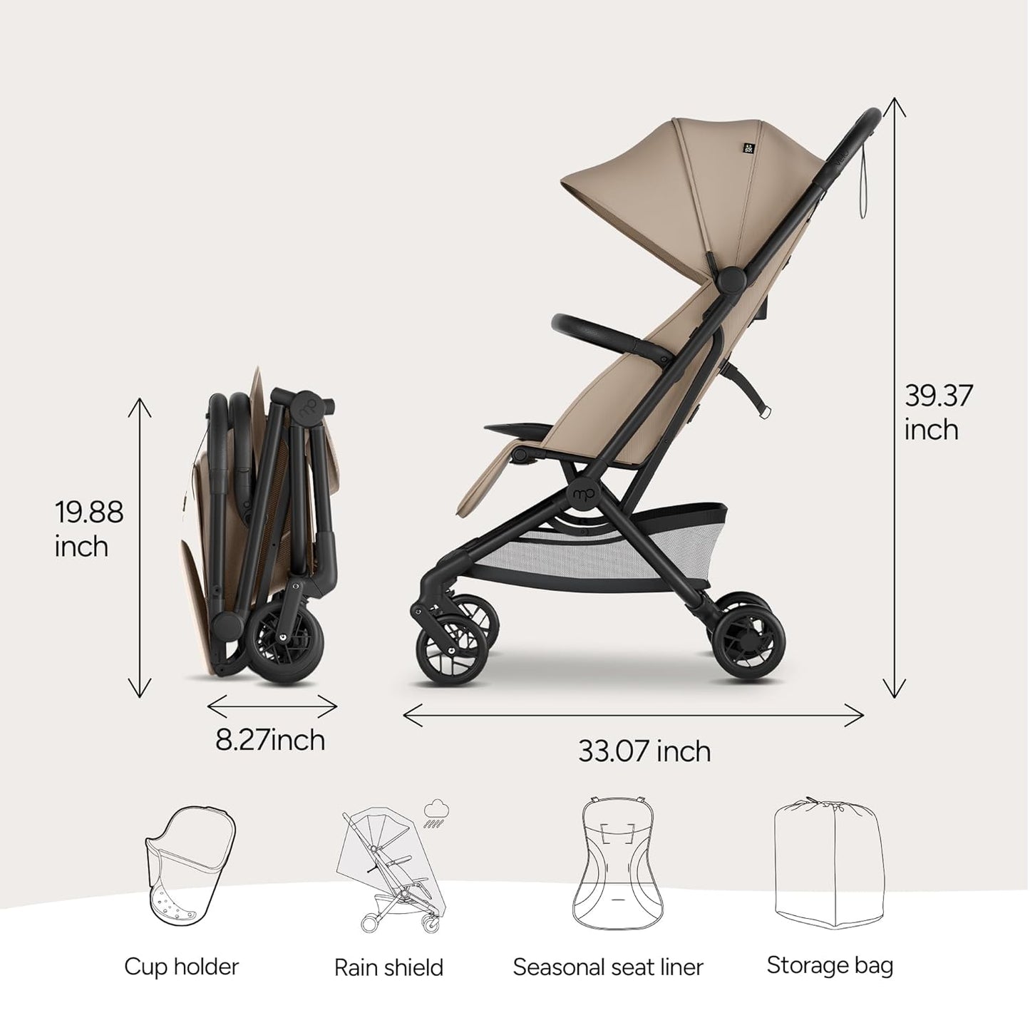 Mompush Velo Lightweight Travel Stroller, Compact & Airplane-Friendly for Baby and Toddler, Lie-Flat Seat, One-Hand Fold, with Leather Bumper Bar, Shoulder Strap, Raincover, Storage Bag & Cup Holder