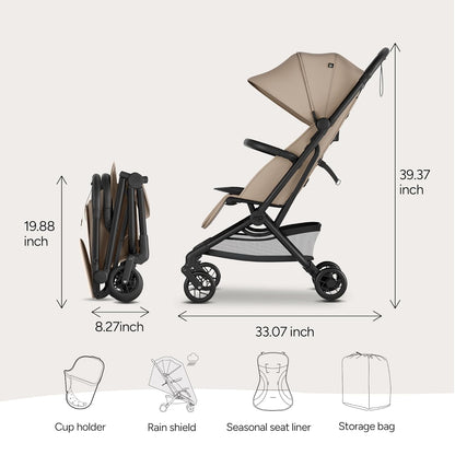 Mompush Velo Lightweight Travel Stroller, Compact & Airplane-Friendly for Baby and Toddler, Lie-Flat Seat, One-Hand Fold, with Leather Bumper Bar, Shoulder Strap, Raincover, Storage Bag & Cup Holder