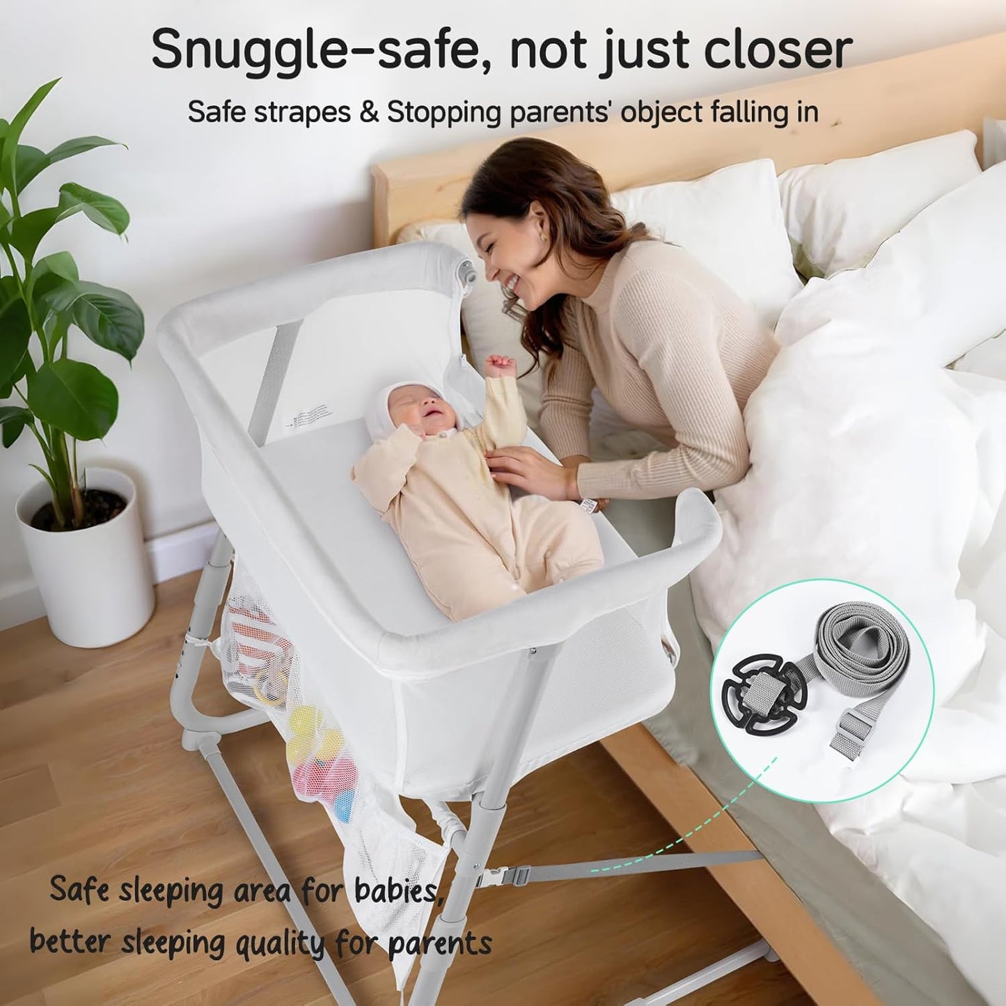Cowiewie Bassinet Bedside Sleeper,Baby Bassinet Slides Over Bed,5-Position Height Adjustment & Breathable All-Mesh Wall Bedside Bassinet for Baby,Space-Saving Bedside Crib, Height(37.4-41.3"), White