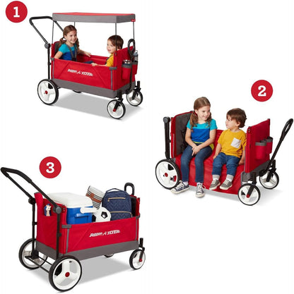 Radio Flyer City Luxe Stroll 'N Wagon, for Ages 1+, 3-in-1 Push or Pull, with Bench Mode, Easy Fold, UV Canopy, 5-Point Harnesses, Front Caster Wheels & 12" Rear Wheels, Stroller Wagon for Kids