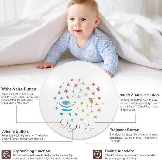 wiqins Baby Sleep Soother Cry Sensor Dinosaur Night Light Projector Baby Sound Machine Plush Stuffed Animal Toys for Boys Girls Pillow Ceiling for Toddler Lullabies & White Noise Sound