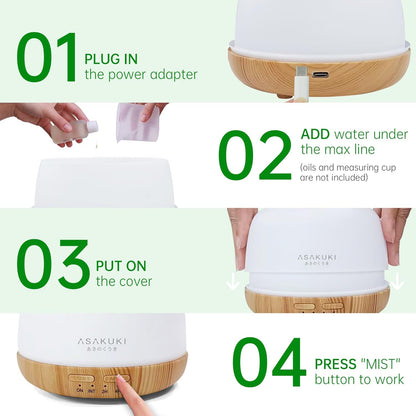 ASAKUKI Essential Oil Diffuser for Home, 500ML Aromatherapy Diffuser Humidifier with Remote Control, 7 Color LED Lights, Quiet Cool Mist Diffuser for Bedroom, Office, Gift for Mom (Yellow)