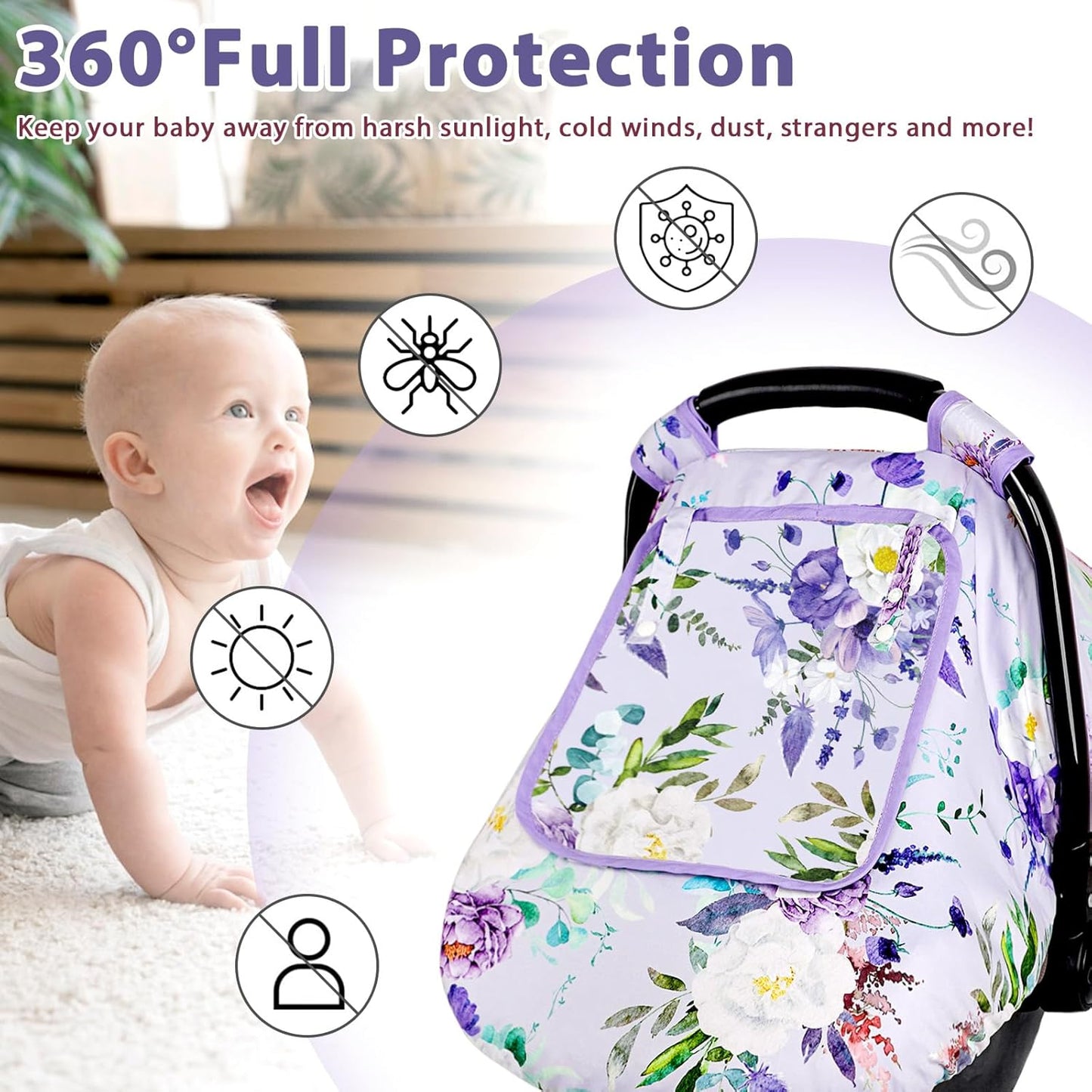 Car Seat Cover Baby Girl, Warm Winter Carseat Cover for Baby, Kick-Proof Infant Car Seat Cover with Peep Window, Windproof & Cozy, Pink Rainbow